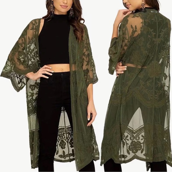 Sweaters - Olive Green Botanical Kimono Cardigan